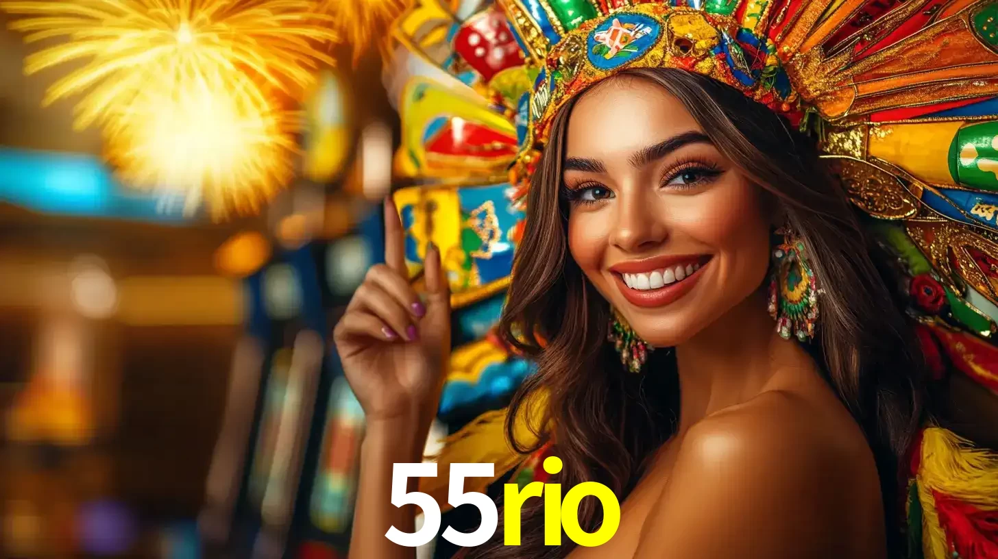 Mulher sorridente com um cocar de carnaval vibrante e colorido, celebrando uma grande vitória nos jogos do cassino 55rio com fogos de artifício ao fundo.