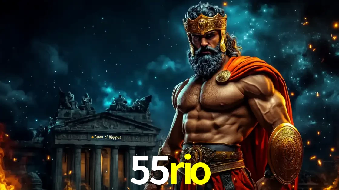 O poderoso Zeus do jogo de slot Gates of Olympus em frente ao seu templo, pronto para lançar multiplicadores divinos e prêmios épicos no cassino online 55rio.
