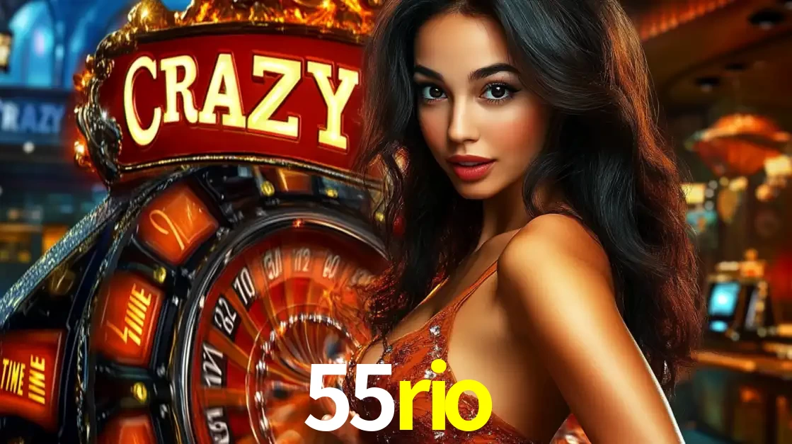 Mulher glamourosa olhando para a câmera com a roda vermelha do Crazy Time ao fundo em um ambiente de cassino, destacando a emoção dos jogos ao vivo no 55rio.