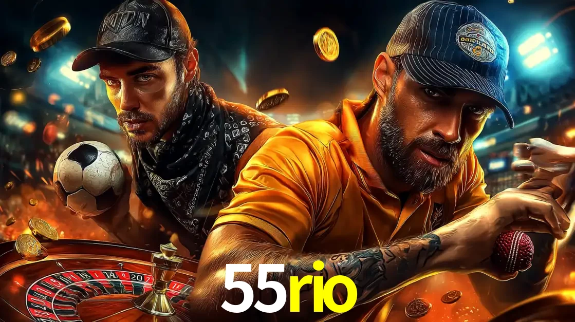 Montagem de apostas esportivas e cassino no 55rio, com um homem segurando uma bola de futebol e outro uma de beisebol sobre uma roleta e moedas voadoras.