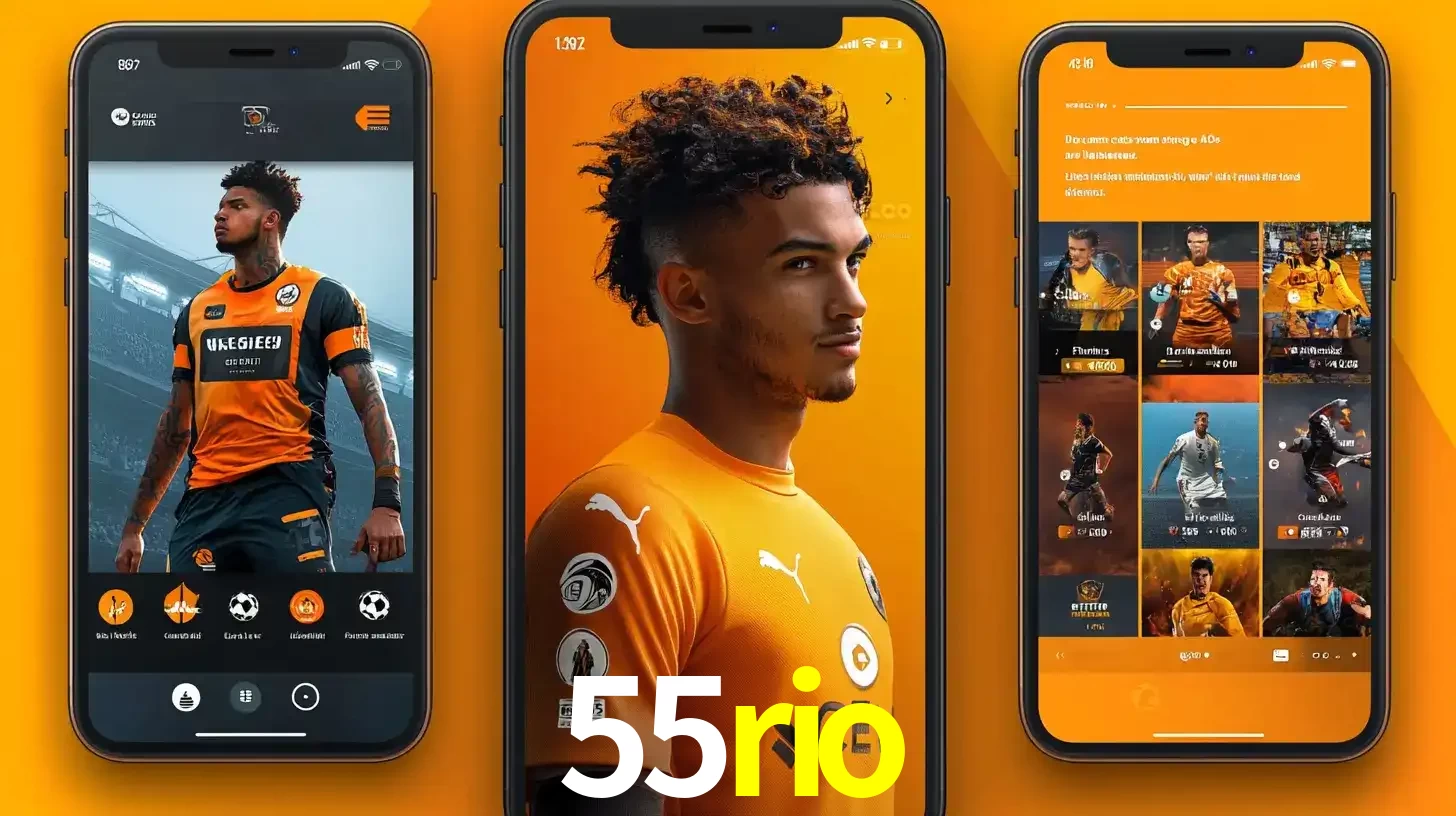 Interface do aplicativo de apostas esportivas 55rio em três telas de celular, mostrando o perfil de um jogador de futebol e a lista de jogos disponíveis para apostar.