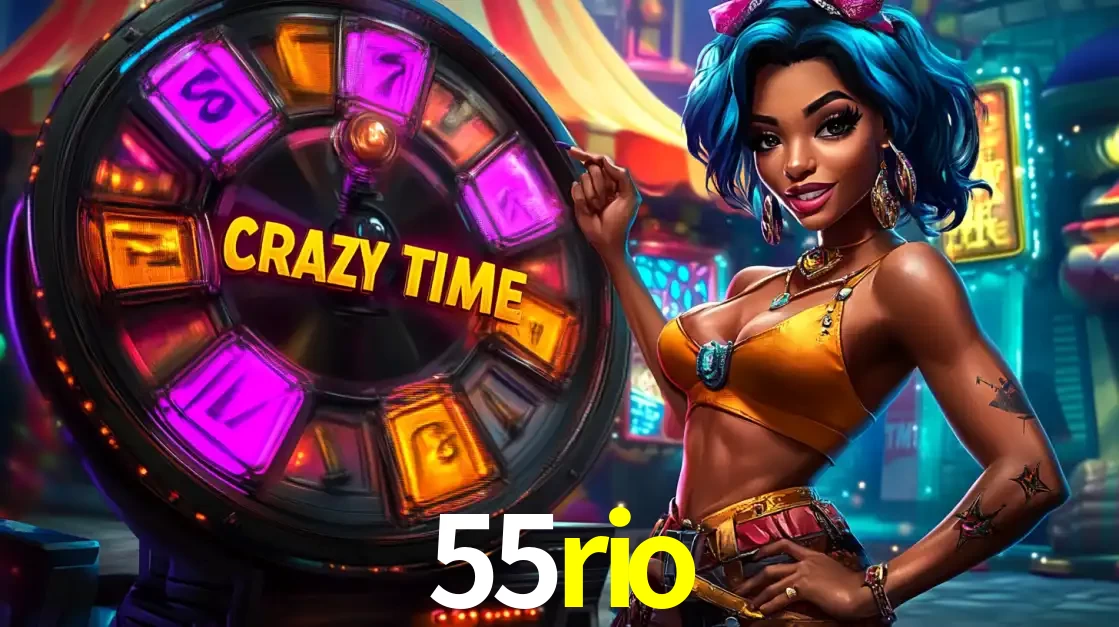 Mulher estilizada com cabelo azul e visual vibrante posando ao lado da roda de prêmios do game show Crazy Time, convidando para a diversão e os bônus do cassino 55rio.