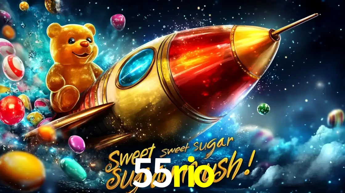Arte promocional do jogo de slot Sugar Rush, com um urso de pelúcia em um foguete viajando pelo espaço de doces, um dos jogos divertidos disponíveis no cassino 55rio.