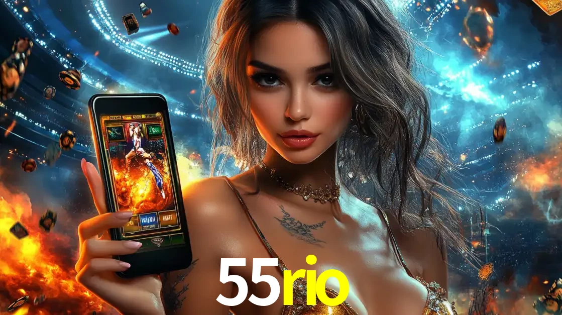 Mulher segurando um celular com um jogo de slot em destaque, tendo como fundo um estádio vibrante, simbolizando a emoção de jogar no cassino móvel 55rio.