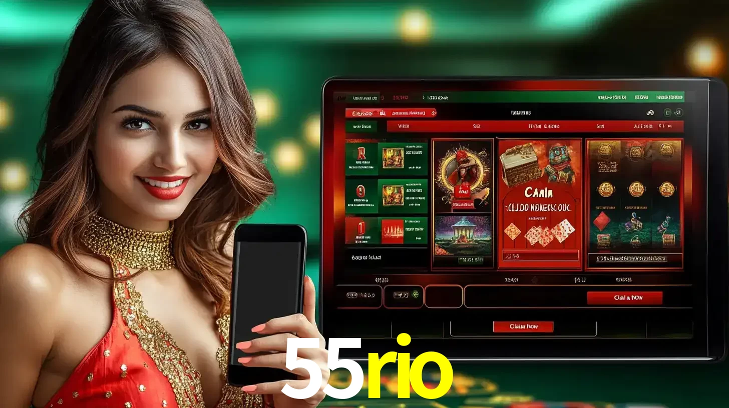 Mulher sorridente segurando um smartphone, ao lado de uma tela exibindo o lobby de jogos do cassino online 55rio, com várias opções de jogos de cartas e slots.